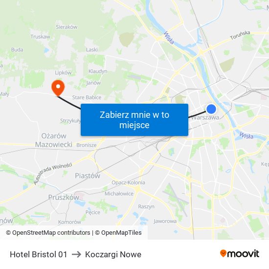 Hotel Bristol to Koczargi Nowe map