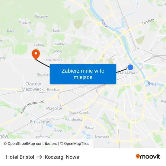 Hotel Bristol to Koczargi Nowe map