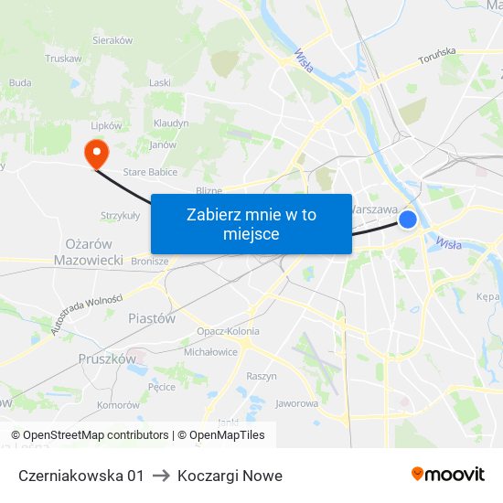 Czerniakowska 01 to Koczargi Nowe map