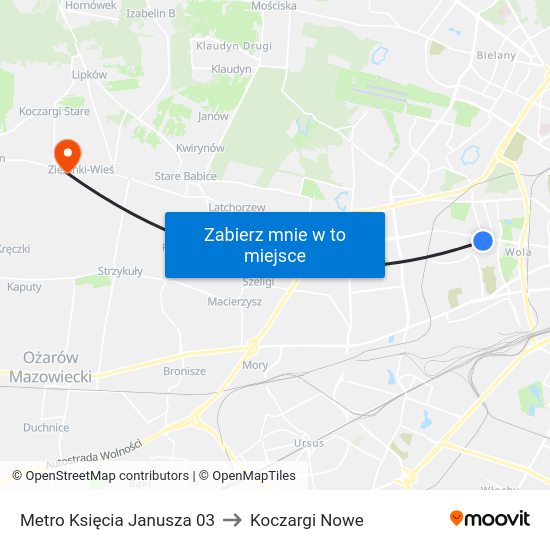 Metro Księcia Janusza to Koczargi Nowe map