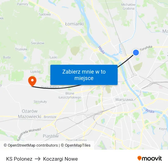 KS Polonez to Koczargi Nowe map