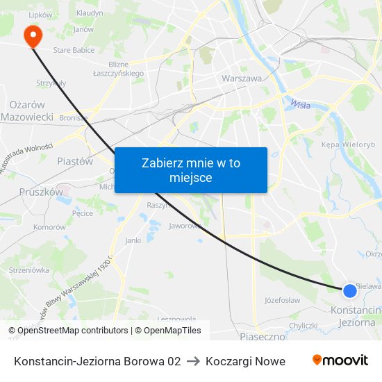 Konstancin-Jeziorna Borowa to Koczargi Nowe map