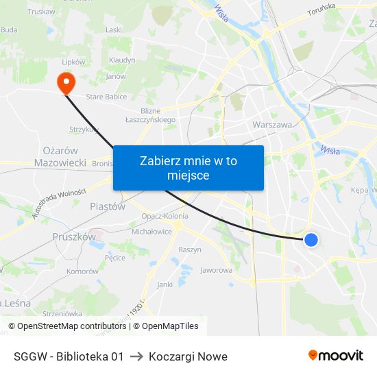 SGGW - Biblioteka 01 to Koczargi Nowe map