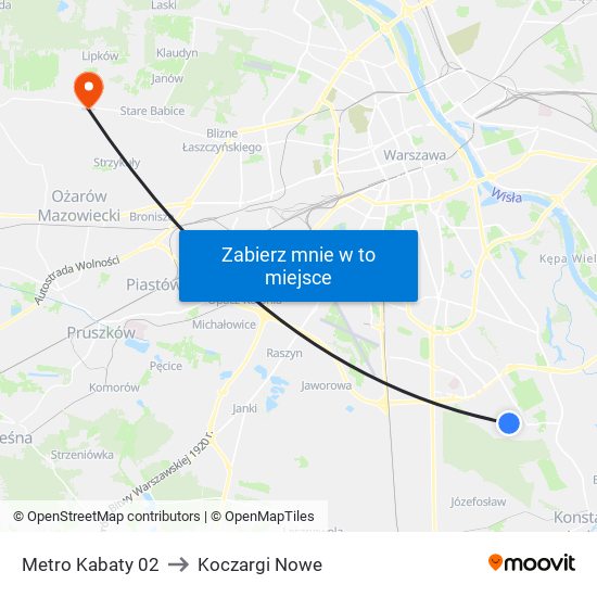 Metro Kabaty 02 to Koczargi Nowe map