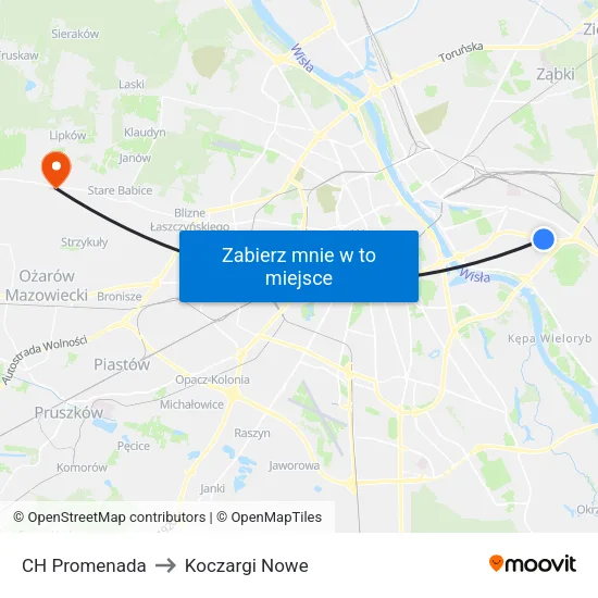CH Promenada to Koczargi Nowe map