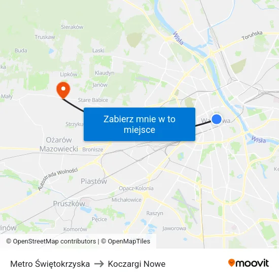 Metro Świętokrzyska to Koczargi Nowe map