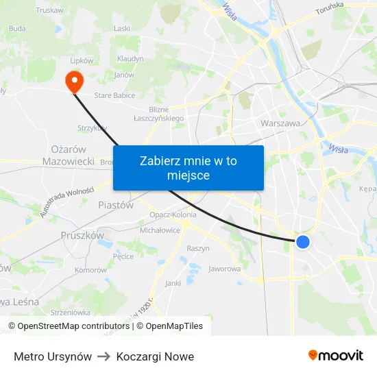 Metro Ursynów to Koczargi Nowe map