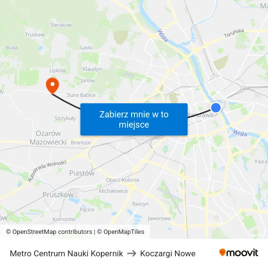 Metro Centrum Nauki Kopernik to Koczargi Nowe map