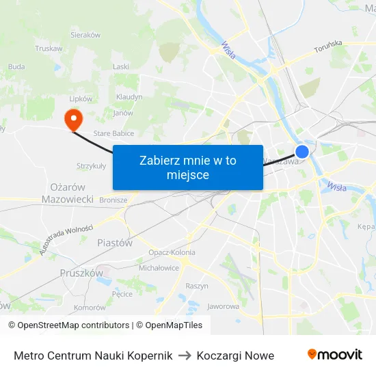 Metro Centrum Nauki Kopernik to Koczargi Nowe map
