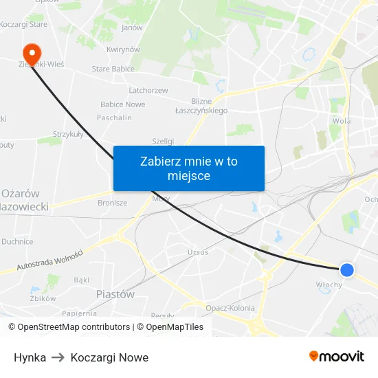 Hynka to Koczargi Nowe map