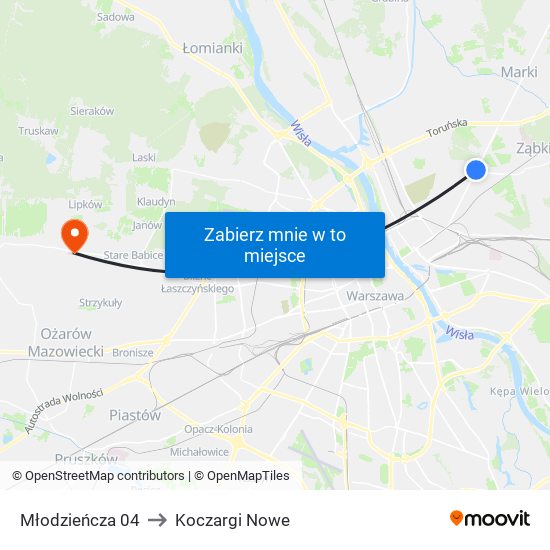 Młodzieńcza to Koczargi Nowe map