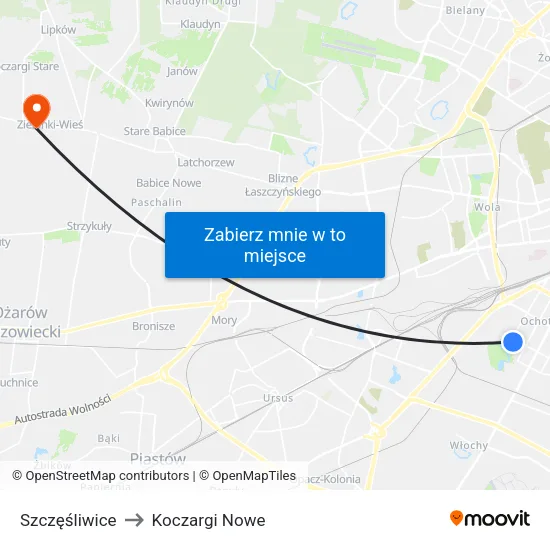 Szczęśliwice to Koczargi Nowe map