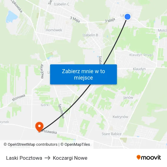 Laski Pocztowa to Koczargi Nowe map