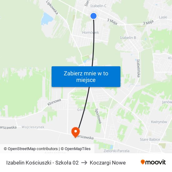 Izabelin Kościuszki - Szkoła 02 to Koczargi Nowe map