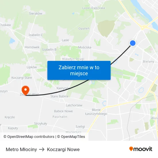 Metro Młociny to Koczargi Nowe map