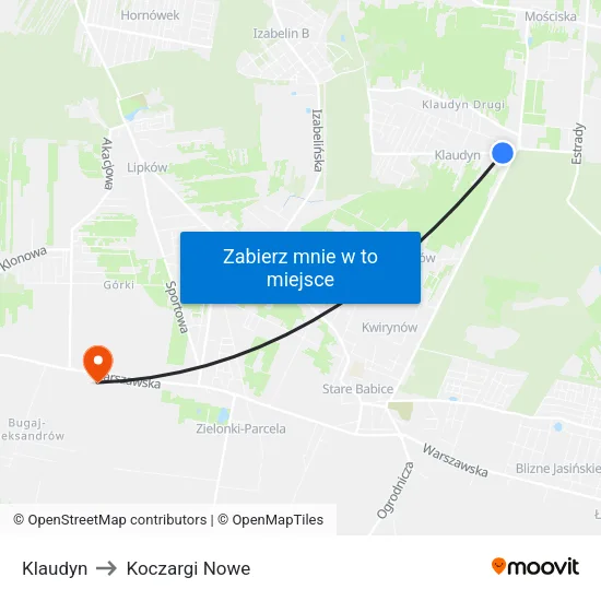 Klaudyn to Koczargi Nowe map