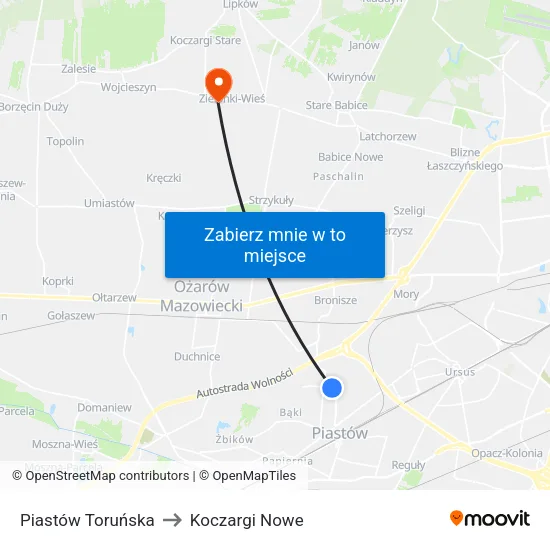 Piastów Toruńska to Koczargi Nowe map