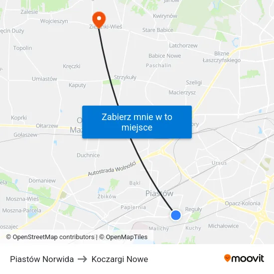 Piastów Norwida to Koczargi Nowe map