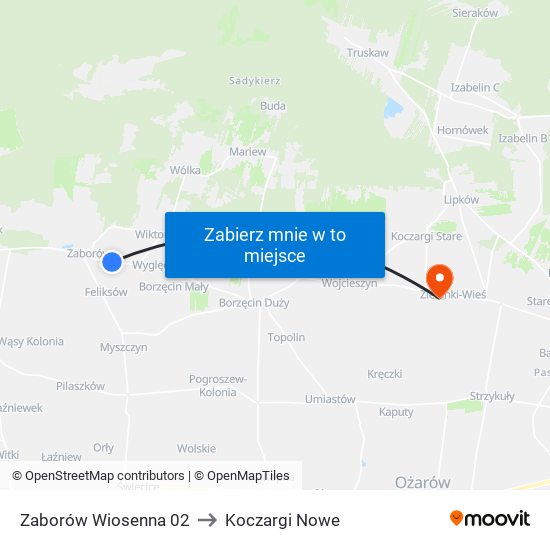 Zaborów Wiosenna 02 to Koczargi Nowe map