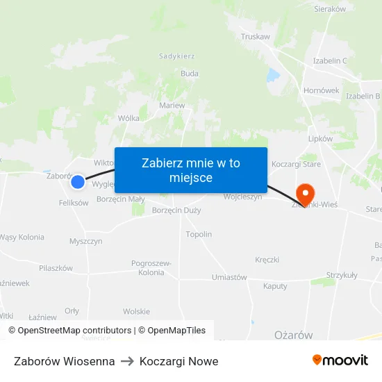 Zaborów Wiosenna to Koczargi Nowe map