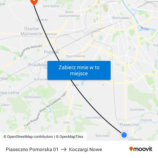 Piaseczno Pomorska 01 to Koczargi Nowe map