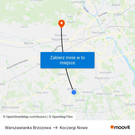 Warszawianka Brzozowa to Koczargi Nowe map