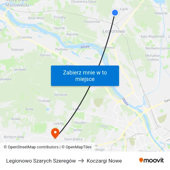 Legionowo Szarych Szeregów to Koczargi Nowe map