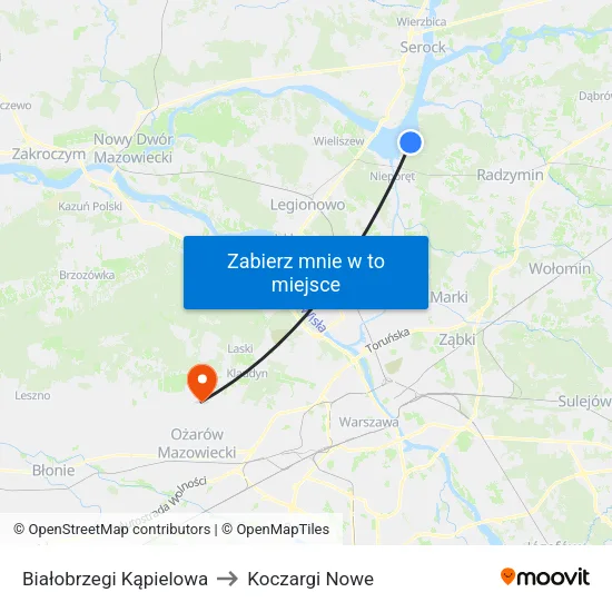 Białobrzegi Kąpielowa to Koczargi Nowe map