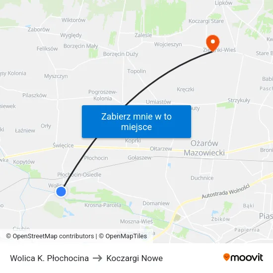Wolica K. Płochocina to Koczargi Nowe map