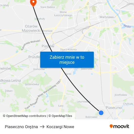 Piaseczno Orężna to Koczargi Nowe map