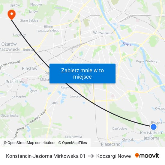 Konstancin-Jeziorna Mirkowska 01 to Koczargi Nowe map