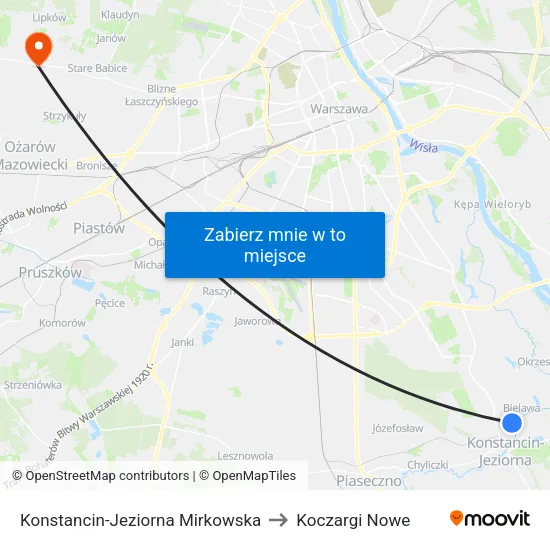 Konstancin-Jeziorna Mirkowska to Koczargi Nowe map