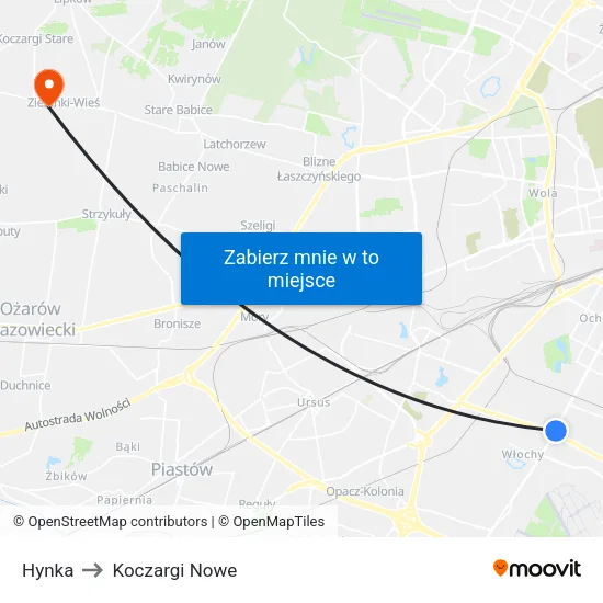 Hynka to Koczargi Nowe map