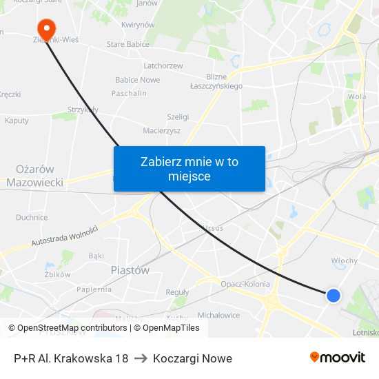 P+R Al. Krakowska 18 to Koczargi Nowe map