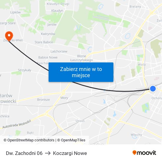 Dw. Zachodni to Koczargi Nowe map