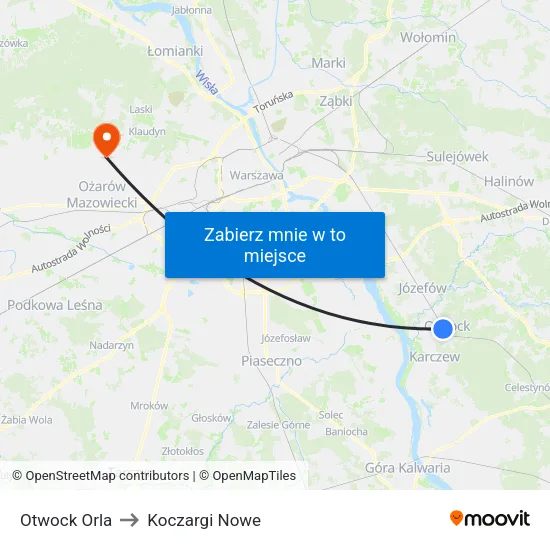 Otwock Orla to Koczargi Nowe map