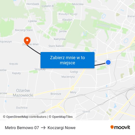 Metro Bemowo to Koczargi Nowe map