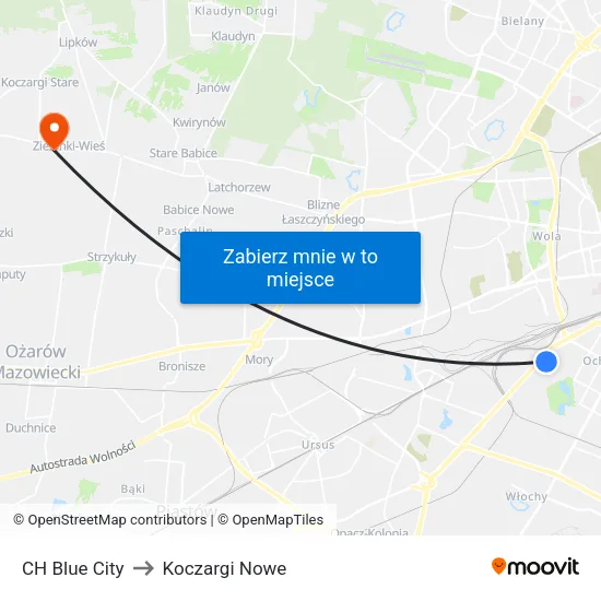 CH Blue City to Koczargi Nowe map