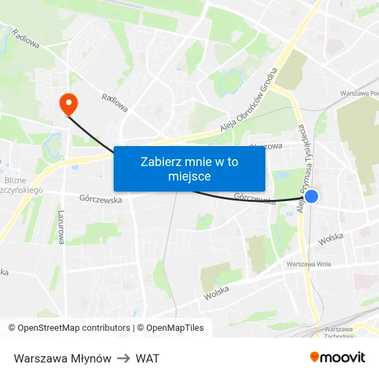 Warszawa Młynów to WAT map