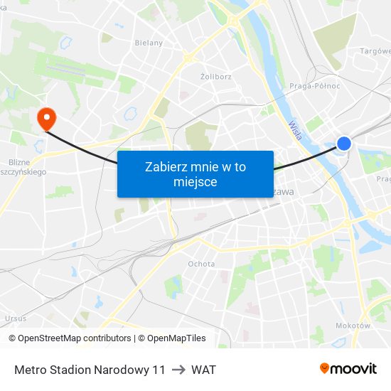 Metro Stadion Narodowy 11 to WAT map