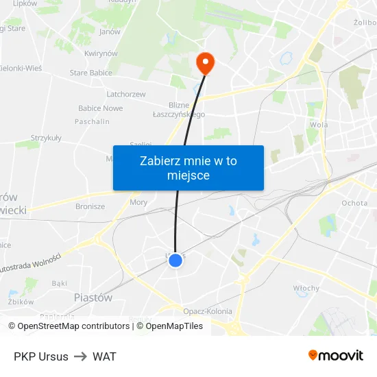 PKP Ursus to WAT map