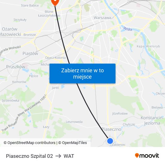 Piaseczno Szpital 02 to WAT map