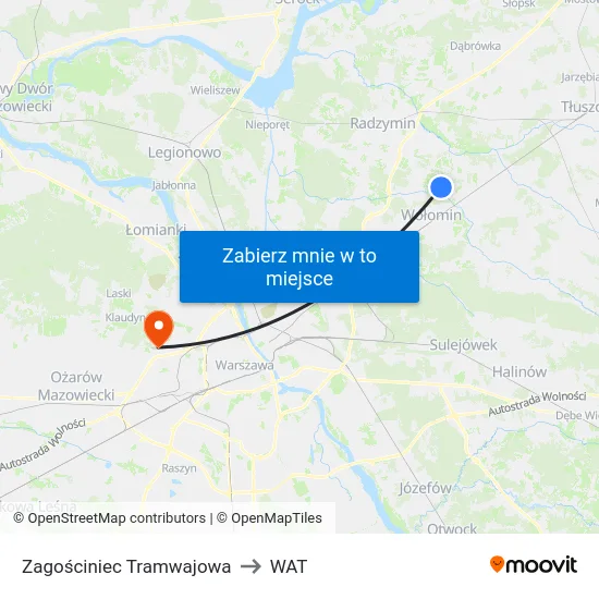 Zagościniec Tramwajowa to WAT map