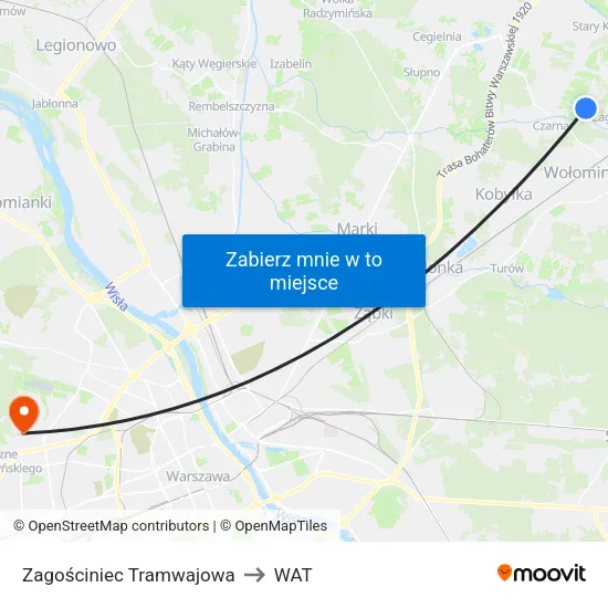 Zagościniec Tramwajowa to WAT map