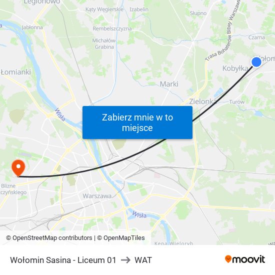 Wołomin Sasina - Liceum 01 to WAT map