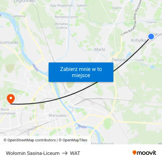 Wołomin Sasina - Liceum to WAT map