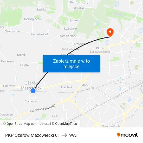PKP Ożarów Mazowiecki 01 to WAT map