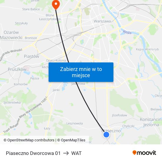 Piaseczno Dworcowa 01 to WAT map