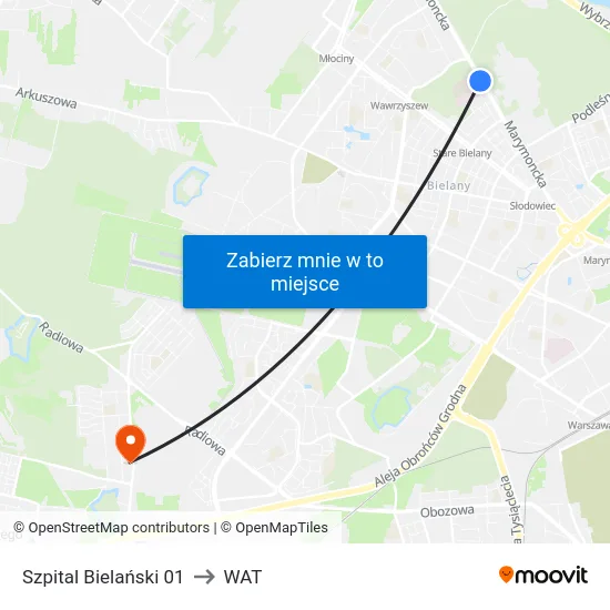 Szpital Bielański 01 to WAT map