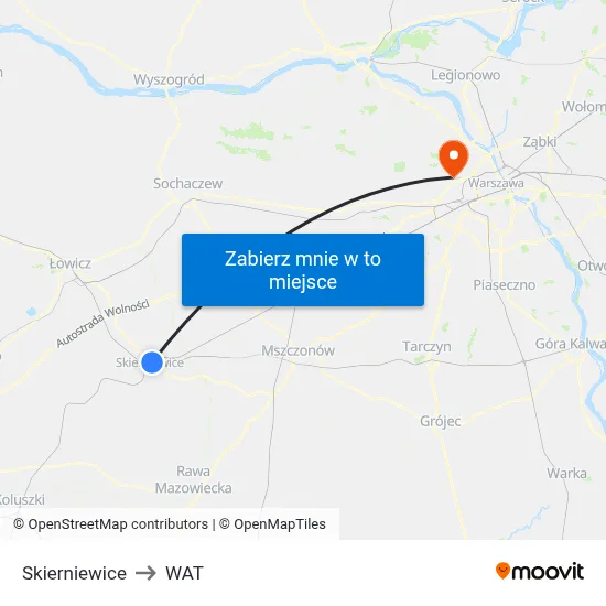 Skierniewice to WAT map